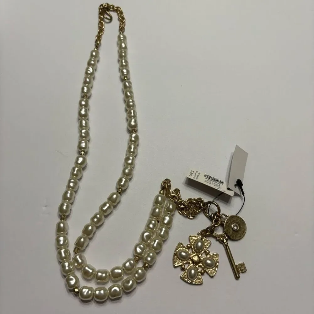 Chico’s Women’s Gold Tone Faux Pearl Maltese Cross Key Fashion Necklace
